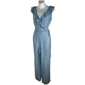 Guess Light Weight Light Wash Jumpsuit Chambray Wide Leg Ruffled Tie Size Medium